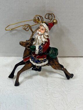 Metal Santa w/Satchel Reindeer Hanging Christmas Ornament Vintage Style 4"x4.5"